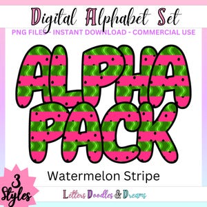 Wassermelone Streifen Digitales Alphabet Set, druckbares PNG Alpha Pack Design, Doodle Clipart Buchstaben für kommerzielle Nutzung und personalisierte Geschenke
