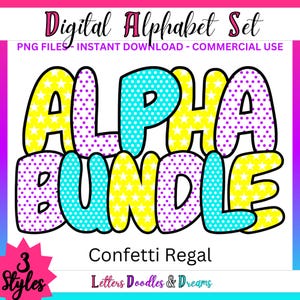 Stars & Polkas Digitales Alphabet Set, druckbare PNG Alpha Pack, Doodle Clipart Buchstaben für kommerzielle Nutzung und persönliche individuelle Geschenke