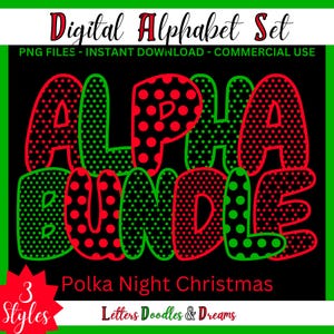 Weihnachten Polka Dots Digital Alphabet Set, druckbare PNG Alpha Pack, Doodle Clipart Buchstaben, kommerzielle Nutzung, benutzerdefinierte Weihnachtsgeschenke