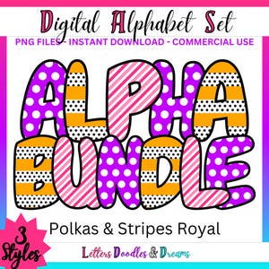 Polkas & Stripes Digitales Alphabet Set, druckbares PNG Alpha Pack Design, Doodle Clipart Buchstaben für kommerzielle Nutzung und persönliche individuelle Geschenke