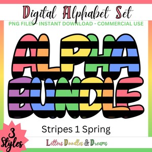 Pastell Streifen Digitales Alphabet Set, druckbares PNG Alpha Pack Design, Doodle Clipart Buchstaben für kommerzielle Nutzung und personalisiertes individuelles Geschenk