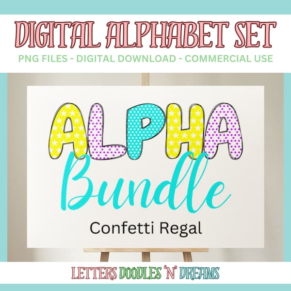 Stars & Polkas Digital Alphabet Set, Printable PNG Alpha Pack Design, Doodle Clipart Letters for Commercial Use and Personal Custom Art