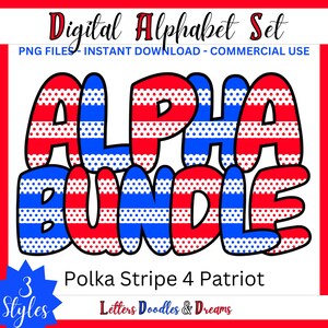Vaterländischer Polka-Dot-Streifen-Digitalalphabet-Satz, druckbare PNG-Schriftart-Alpha-Pack, Doodle-Clipart-Buchstaben, kommerzielle Nutzung, benutzerdefinierte Wahlausrüstung