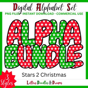 Weihnachtssterne Digital Alphabet Set, druckbare PNG Alpha Pack Design, Doodle Clipart Buchstaben für kommerzielle Nutzung & individuelle Weihnachtsgeschenke