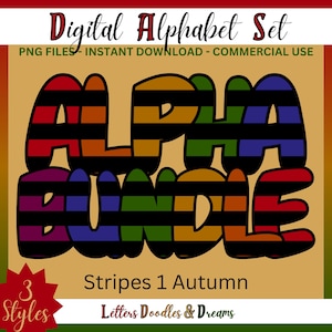 Vintage Herbst Farben Streifen Digitales Alphabet, druckbare PNG Schriftart Alpha Pack, Doodle Clipart Buchstaben, kommerzielle Nutzung & individuelle Wortkunst Geschenke