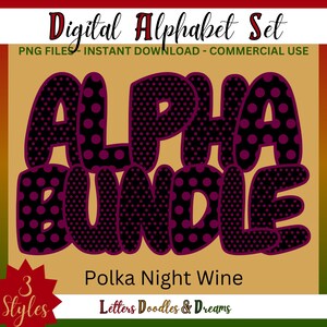 Dark Purple Polka Dot Digital Alphabet Set, druckbare PNG Alpha Pack, Doodle Clipart Buchstaben für kommerzielle Nutzung & individuelle Wortkunstgeschenke