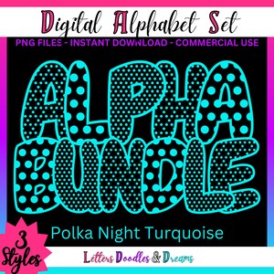 Neon Blue Polka Dots Digitales Alphabet Set, druckbares PNG Alpha Pack Design, Doodle Clipart Buchstaben für kommerzielle Nutzung und individuelle Wortkunst