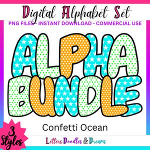 Stars & Polkas Digitales Alphabet Set, druckbare PNG Alpha Pack, Doodle Clipart Buchstaben für kommerzielle Nutzung und persönliche individuelle Geschenke
