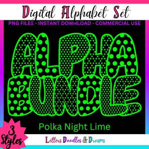 Neon Grün Polka Dots Digitales Alphabet Set, druckbares PNG Alpha Pack Design, Doodle Clipart Buchstaben für kommerzielle Nutzung und individuelle Wortkunst
