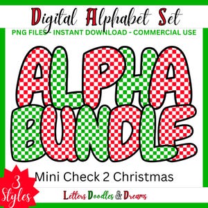 Weihnachten Mini Check Digital Alphabet Set, druckbare PNG Alpha Pack Design, Doodle Clipart Buchstaben für kommerzielle Nutzung & individuelles Weihnachtsgeschenk