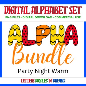 Sterne & Luftschlangen Digitales Alphabet Set, druckbares PNG Alpha Pack Design, Doodle Clipart Buchstaben für kommerzielle Nutzung und persönliche benutzerdefinierte Kunst