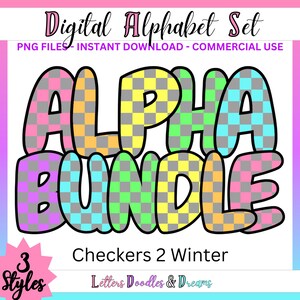 Pastell hell Schachbrett Doodle Buchstabe Schriftart Druckbare Digitale Alphabet Set PNG Clipart Alpha Pack Kommerzielle Nutzung & DIY Wort Kunst Handwerk Geschenk