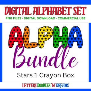 Regenbogen Sterne Digitales Alphabet Set, druckbares PNG Alpha Pack Design, Doodle Clipart Buchstaben für kommerzielle Nutzung und persönliche benutzerdefinierte Kunst