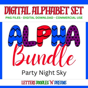 Sterne & Luftschlangen Digitales Alphabet Set, druckbares PNG Alpha Pack Design, Doodle Clipart Buchstaben für kommerzielle Nutzung und persönliche benutzerdefinierte Kunst