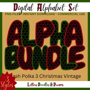 Vintage Weihnachten Mini Polka Digital Alphabet Set, druckbare PNG Alpha Pack, Doodle Clipart Buchstabe, kommerzielle Nutzung, benutzerdefiniertes Weihnachtsgeschenk
