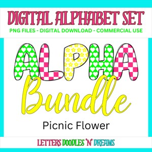 Herzen & Blumen Digitales Alphabet Set, druckbares PNG Alpha Pack Design, Doodle Clipart Buchstaben für kommerzielle Nutzung und persönliche kundenspezifische Kunst
