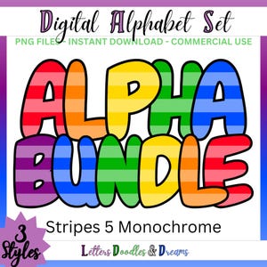Monochrome Streifen Digitales Alphabet Set, druckbares PNG Alpha Pack Design, Doodle Clipart Buchstaben für kommerzielle Nutzung & individuelle Wortkunstgeschenke