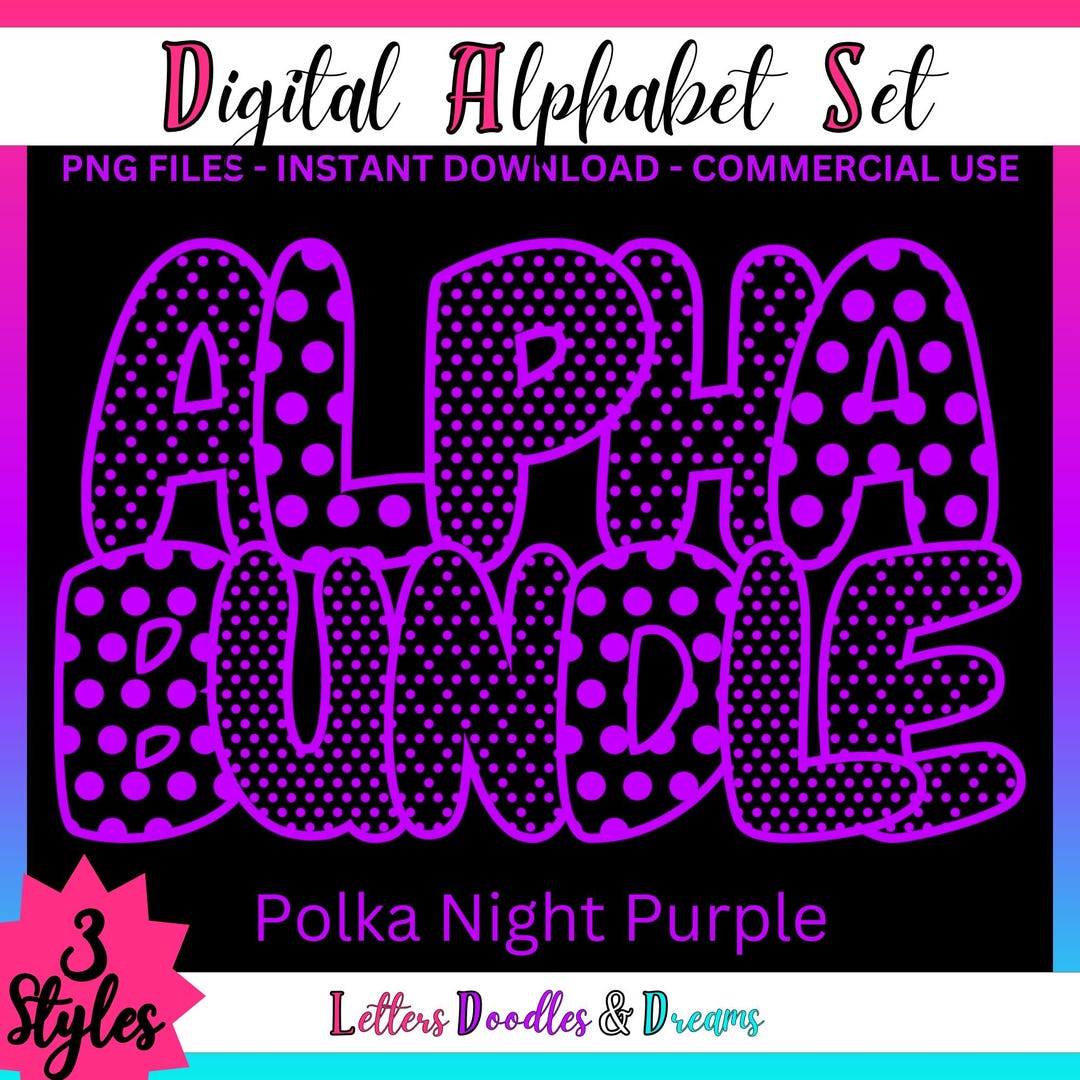 Neon Purple Polka Dots Digital Alphabet Set, Printable PNG Alpha Pack ...