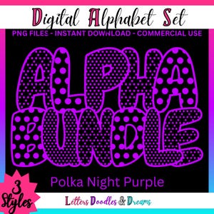 Neon Lila Polka Dots Digitales Alphabet Set, druckbares PNG Alpha Pack Design, Doodle Clipart Buchstaben für kommerzielle Nutzung und individuelle Wortkunst