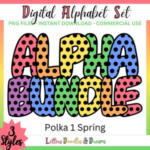 Pastel Polka Dots Digitales Alphabet Set, druckbares PNG Alpha Pack Design, Doodle Clipart Buchstaben für kommerzielle Nutzung und personalisierte Geschenke