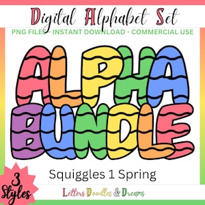 Pastel Squiggles Digitales Alphabet Set, druckbares PNG Alpha Pack Design, Doodle Clipart Buchstaben für kommerzielle Nutzung und personalisierte Geschenke