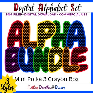 Regenbogen Mini Polka Dot Digital Alphabet Set, druckbares PNG Alpha Pack Design, Doodle Clipart Buchstaben für kommerzielle Nutzung und individuelle Wortkunst