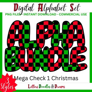 Weihnachten Large Check Digital Alphabet Set, druckbare PNG Alpha Pack Design, Doodle Clipart Buchstaben für kommerzielle Nutzung & individuelles Weihnachtsgeschenk