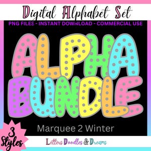 Alfabeto digital imprimible con letras de garabatos de puntos y marquesina brillante pastel, paquete de imágenes prediseñadas PNG, para uso comercial y manualidades con palabras, regalo
