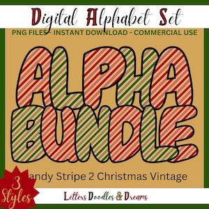 Vintage Christmas Candy Stripe Digital Alphabet Set, druckbare PNG Alpha Pack, Doodle Clipart Buchstaben, kommerzielle Nutzung, individuelle Geschenke