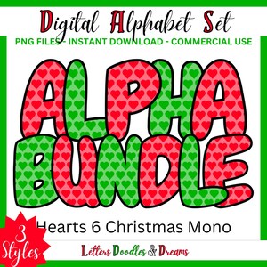 Weihnachten Monochrome Herz Digital Alphabet Set, druckbare PNG Alpha Pack, Doodle Clipart Buchstaben, kommerzielle Nutzung, benutzerdefinierte Weihnachtsgeschenke