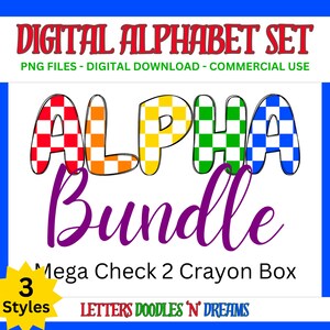 Rainbow Large Check Digital Alphabet Set, druckbare PNG Alpha Pack Design, Doodle Clipart Buchstaben für kommerzielle Nutzung und persönliche kundenspezifische Kunst