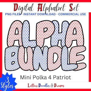 Vaterländischer Mini Polka Digital Alphabet Set, druckbares PNG Alpha Pack Design, Doodle Clipart Buchstaben, kommerzielle Nutzung & benutzerdefinierte Wahlausrüstung