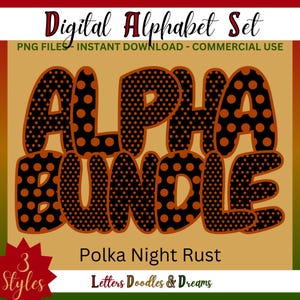 Orange Polka Dots Digitales Alphabet Set, druckbare PNG Alpha Pack, Doodle Clipart Buchstaben für kommerzielle Nutzung & individuelle Wortkunst-Geschenke