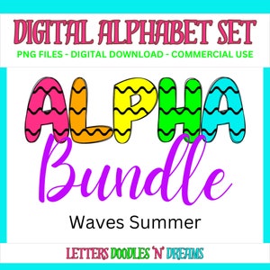 Bright Waves Digitales Alphabet Set, druckbares PNG Alpha Pack Design, Doodle Clipart Buchstaben für kommerzielle Nutzung und persönliche maßgefertigte Kunst