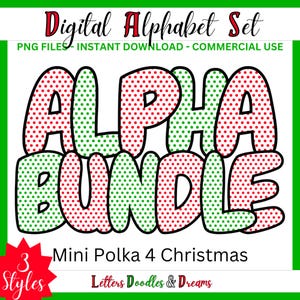 Weihnachten Mini Polka Digital Alphabet Set, druckbare PNG Alpha Pack Design, Doodle Clipart Buchstaben für kommerzielle Nutzung & individuelles Weihnachtsgeschenk