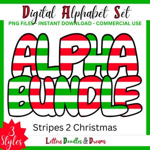 Weihnachtsstreifen Digitales Alphabet Set, druckbares PNG Alpha Pack Design, Doodle Clipart Buchstaben für kommerzielle Nutzung & individuelle Weihnachtsgeschenke