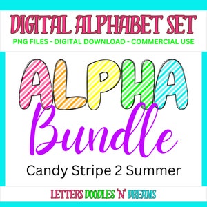 Helle Süßigkeiten Streifen Digitales Alphabet Set, druckbares PNG Alpha Pack Design, Doodle Clipart Buchstaben für kommerzielle Nutzung und persönliche kundenspezifische Kunst