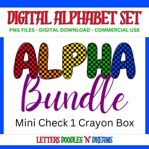 Regenbogen Mini Check Digitales Alphabet Set, druckbares PNG Alpha Pack Design, Doodle Clipart Buchstaben für kommerzielle Nutzung und persönliche benutzerdefinierte Kunst