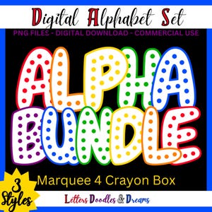 Rainbow Marquee Dots Digital Alphabet Set, druckbare PNG Alpha Pack, Doodle Clipart Buchstaben, kommerzielle Nutzung & individuelle Wortkunstgeschenke