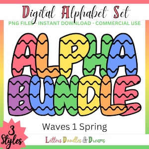 Pastellfarbene Wellenlinien Digitales Alphabet Set, druckbare PNG Alpha Pack Design, Doodle Clipart Buchstaben für kommerzielle Nutzung und personalisierte Geschenke