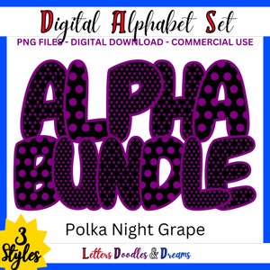 Lila Punkte Digitales Alphabet Set, druckbares PNG Alpha Pack Design, Doodle Clipart Buchstaben für kommerzielle Nutzung & individuelle Wortkunstgeschenke