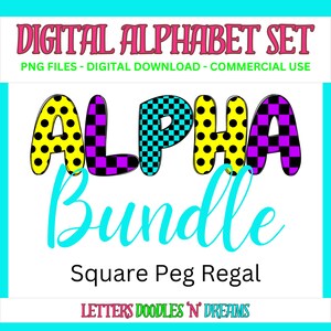 Polka & Checkers Digitales Alphabet Set, druckbares PNG Alpha Pack Design, Doodle Clipart Buchstaben für kommerzielle Nutzung und persönliche benutzerdefinierte Kunst
