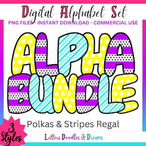 Polkas & Stripes Digitales Alphabet Set, druckbares PNG Alpha Pack Design, Doodle Clipart Buchstaben für kommerzielle Nutzung und persönliche individuelle Geschenke