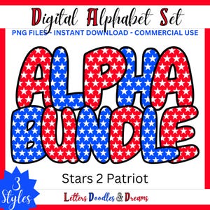 Amerikanische Flaggen Digitales Alphabet Set, druckbares PNG Alpha Pack Design, Doodle Clipart Buchstaben für kommerzielle Nutzung und benutzerdefinierte Wahlausrüstung