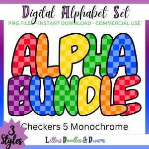 Monochrome Checkers Digitales Alphabet Set, druckbare PNG Alpha Pack, Doodle Clipart Buchstaben für kommerzielle Nutzung & individuelle Wortkunstgeschenke