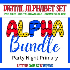 Sterne & Luftschlangen Digitales Alphabet Set, druckbares PNG Alpha Pack Design, Doodle Clipart Buchstaben für kommerzielle Nutzung und persönliche benutzerdefinierte Kunst