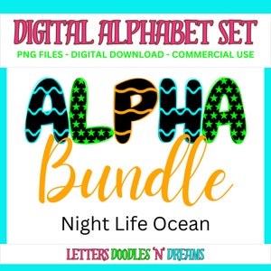 Sterne & Luftschlangen Digitales Alphabet Set, druckbares PNG Alpha Pack Design, Doodle Clipart Buchstaben für kommerzielle Nutzung und persönliche benutzerdefinierte Kunst