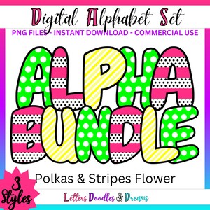 Polkas & Stripes Digitales Alphabet Set, druckbares PNG Alpha Pack Design, Doodle Clipart Buchstaben für kommerzielle Nutzung und persönliche individuelle Geschenke