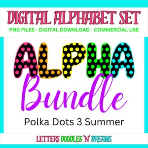 Helle Polka Dots Digitales Alphabet Set, druckbares PNG Alpha Pack Design, Doodle Clipart Buchstaben für kommerzielle Nutzung und persönliche benutzerdefinierte Kunst