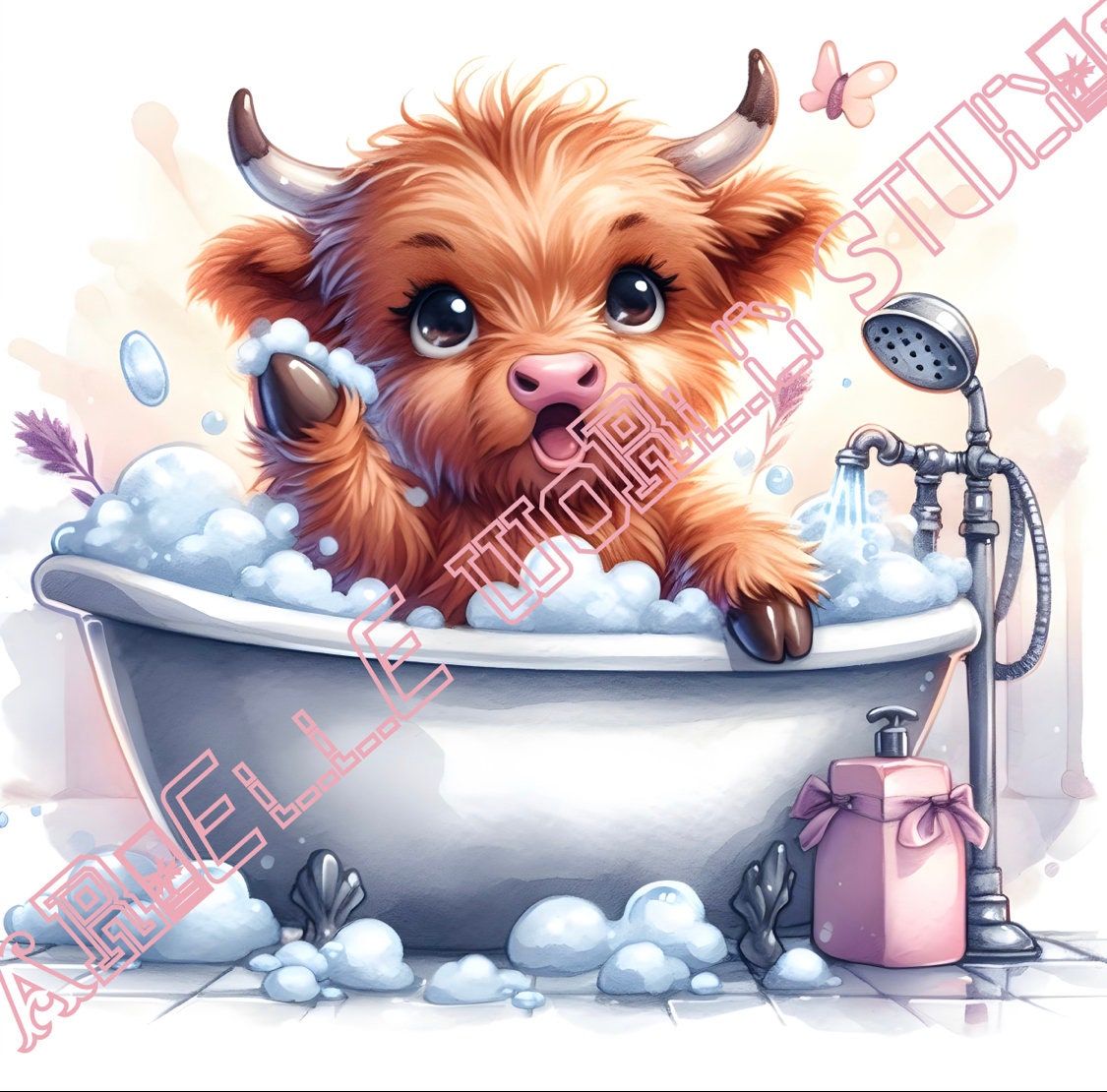 Adorable Baby Highland Cow in a Bathtub, Bubble Bath, Pink ...